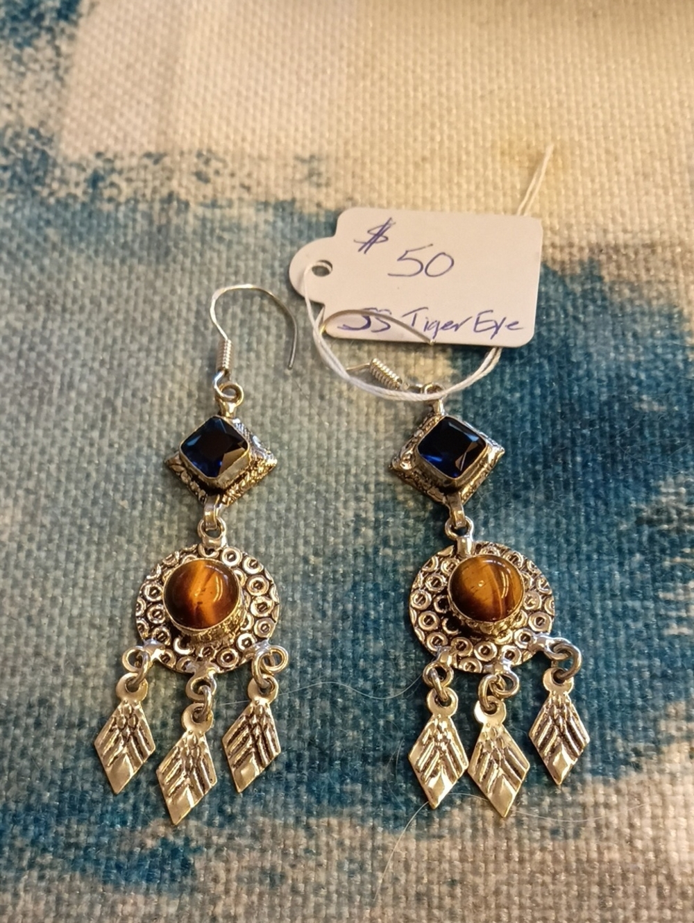 Sterling Silver Dangle Earrings With Tiger Eye And Blue Glass, Stamped 925, NWT